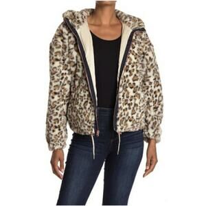NEW Lucky Brand Faux Fur Hooded Zip Jacket in Beige Leopard Women's Size XS